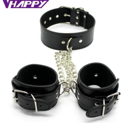 Leather Bondage Adult Sex products Restraint Kits Slave Neck Collar Handcuffs Wrist Cuffs For Couple Adult Games VP-CR003023A-1