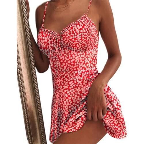 Summer Women Pink/Red Floral Mini Dress Sexy Sweet Sling V Neck Lace Up A-Line Slim Fit Beach Holiday Mini Dress Sundress