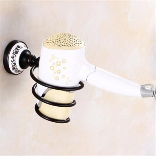 Copper Bathroom Shelf Hair Dryer Holder Wall Mounted Black Hair Dryer Rack Ceramic Base Hair dryer Hanger Bath Hardware
