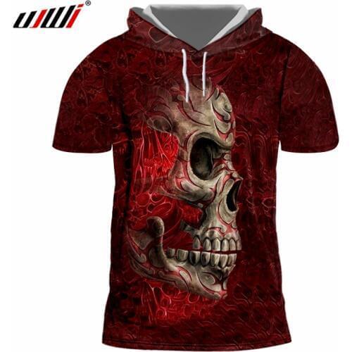 UJWI Men Casual Tshirts Print Metal Skull 3d T-shirts With Hood Man Bodybuilding Fitness Short Sleeve Hooded Hoody Undershirts
