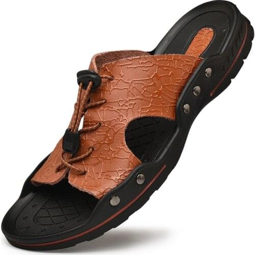 Mens Slide Sandals - Comfortable Lightweight Leather Summer Slipper Shoes for Indoor & Outdoor Use