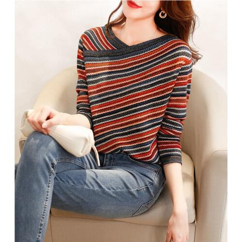 Juiyin 2021 new autumn and winter color bar gold jacquard double V-neck T-shirt womens long sleeve base coat