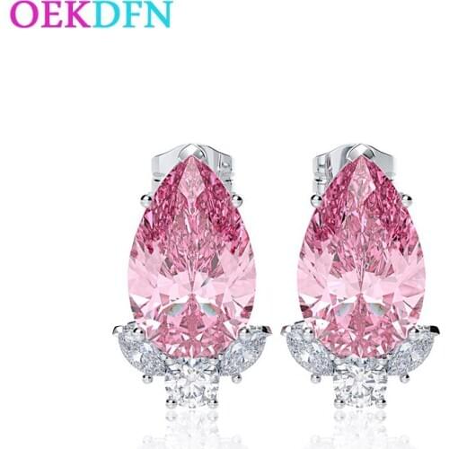 OEKDFN 100% 925 Sterling Silver Stud Earrings Aquamarine Sapphire Gemstone Diamonds White Gold Ear Studs Luxury Fine Jewelry