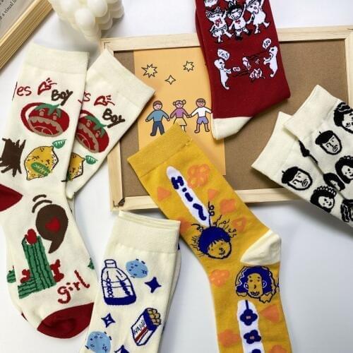 Couple Socks Novelty Creative Cartoon Graffiti Socks Korean Style Harajuku Colorful Jacquard Trendy In Tube Sport Cotton Sock
