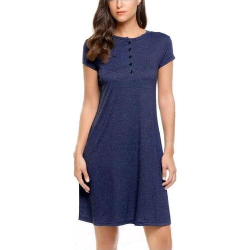 Summer Solid Casual Cotton Dress Women O-Neck Short Sleeve Button Loose Knee Length Short Dress Hot Sale Vestidos