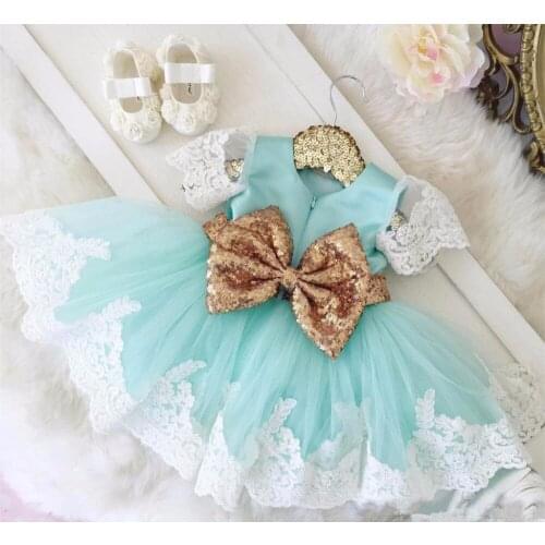 Romantic Puffy Lace Flower Girl Dress for Weddings Sequin Bow Ball Gown Girl Party Communion Dress Baby Girl Baptism Dress