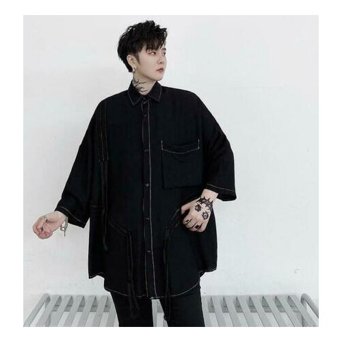 Mens Summer Fashion Design Punk Gothic Loose Black Shirt Youth Casual Shirts A5