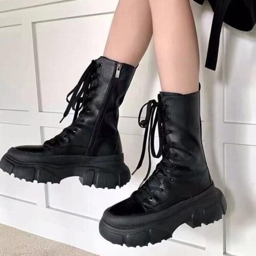 Lucyever Thick Bottom Non-slip Motorcycle Boots Women Winter Zipper Platform Mid Calf Boots Woman Fashion Black Waterproof Botas