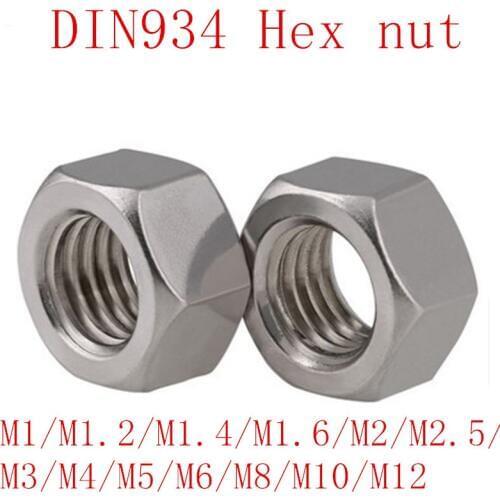 50pcs DIN934 M1 M1.2 M1.4 M1.6 M2 M2.5 M3 M4 M5 M6 M8 m10 m12 stainless steel Hex nut