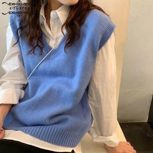 Sweater Vest Women Solid V-neck Knitted Sweaters Vests Womens Korean-style Colorful Leisure Sleeveless Baggy Trendy All-match