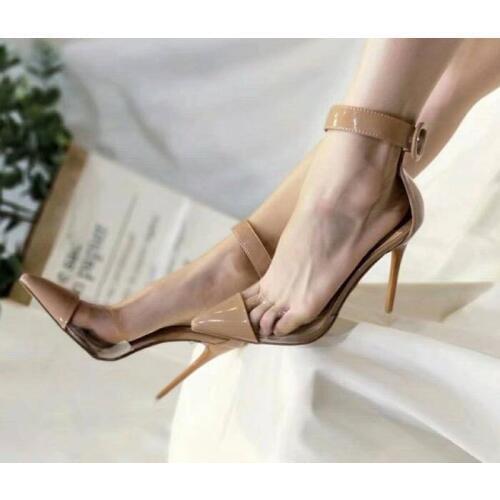 Hot Selling Nude Patent Leather Pumps Women Shoes Pointed Toe Ankle Strap Clear PVC Women Shoes High Heels Plus Size Customized