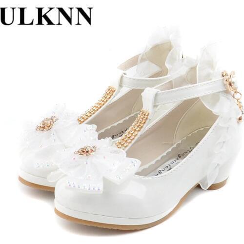 ULKNN Children Party Leather Shoes Girls PU Low Heel Lace Flower Kids Shoes For Girls Single Shoes Dance Dress shoe White Pink