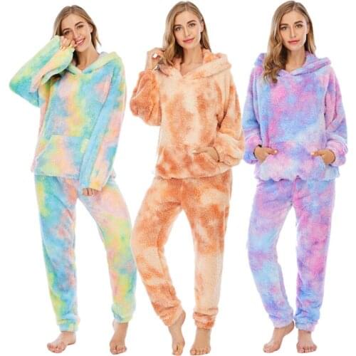 Winter Tie Dye Coral Fleece Women Pajamas Suit Thick Flannel Ladie Pijama Trousers Long Sleeve Hoodie Sleepwear Set Home Clothes
