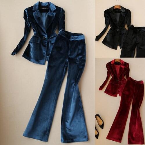Finer Chois Luxury Office Wear Velvet Suit Blazer and High Quality Velvet Flare Pants Women Clothing Set