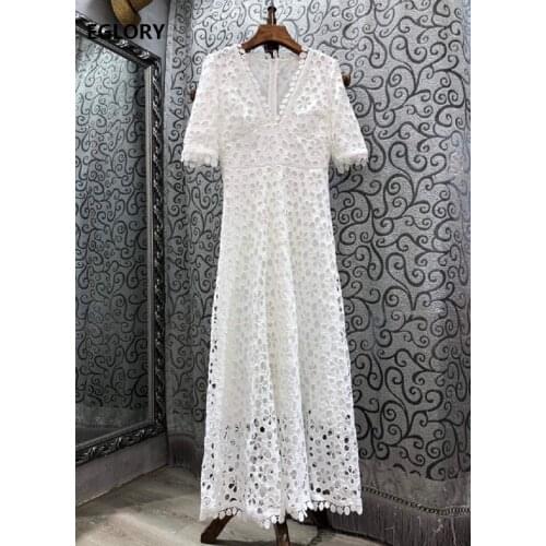 White Long Dress 2021 Spring Summer High Quality Women V-Neck Hollow Out Embroidery Short Sleeve Elegant Long Maxi Dress Runway