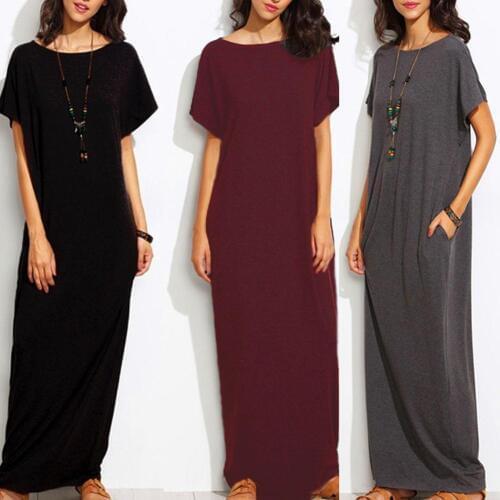 Plus Size Women Vintage Solid Color Short Sleeve O Neck Cotton Loose Long Dress