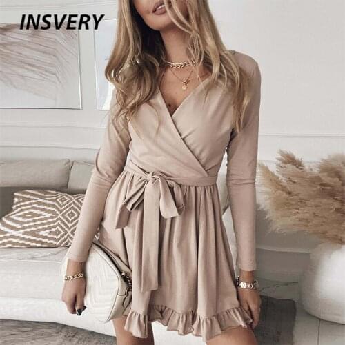 New A-Line Dress Women Casual Summer Short Dress Ruffle Mini Dresses For Women Solid Lace Up V Neck Party Dress 2021