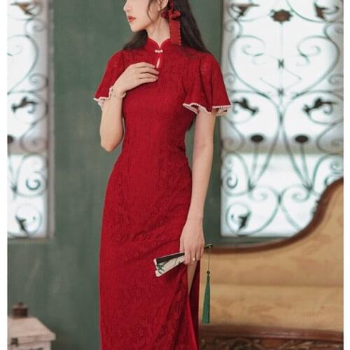 Womens Lotus Leaf Sleeve Beaded Fashion Lace Hollow Ladies Sexy Slim Cheongsam Red Improved Retro Lace Midi Dress