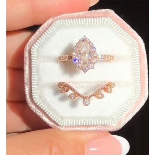 2pcs / set Vintage Oval Cut Natural Crystal Engagement Ring Set Anniversary Gift Women Wedding Banquet Party Jewelry Ring