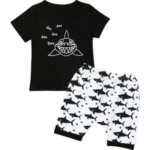 0-24M Newborn Kids Baby Boy Shark Doo Doo Clothes Short Sleeve Top T-Shirt Whale Shorts Pants Outfit Summer 2PCS Set