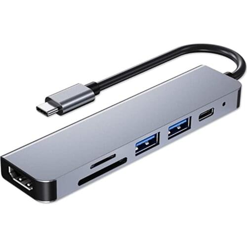 USB C Hub 6 in 1 Aluminum USB C Adapter SD/TF MicroSD Card Reader Splitter PD 3.0 USB C Hub 6 Ports Adapter