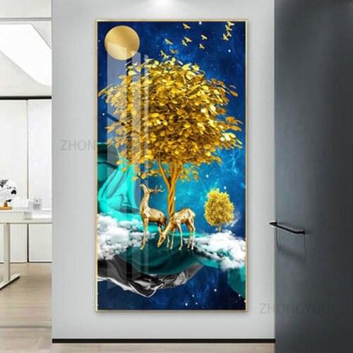 Abstract golden deer wall paintings modern blue canvas painting poster print wall art for living room nordic bedroom