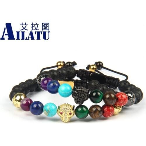 Ailatu New Couples Leopard Bracelets with 8mm Natural Chakras Stone Beads Hot Sale Panther Jewelry Top Quality Logo Service