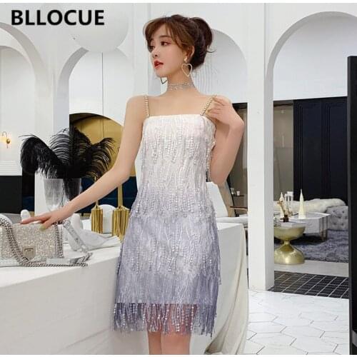 BLLOCUE Runway Designer Dress Summer Women Sexy Suspenders Nail Drill Tassel Gradient High Waist Dress Birthday Party Dress