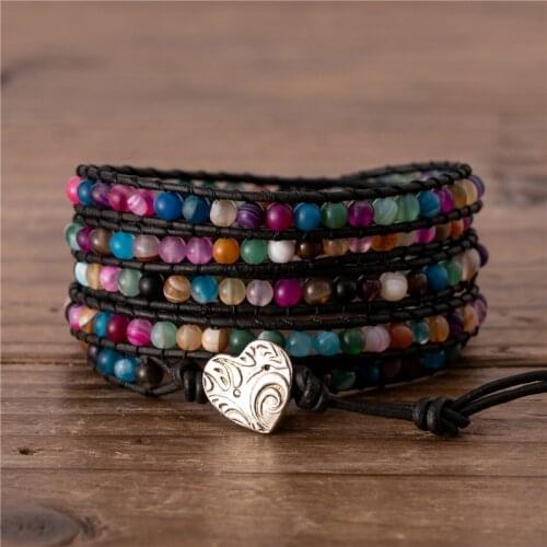 Handmade Multi Colors Onyx Agate 5 Wraps Bracelet Boho Wrap Around Leather Beads Bracelet Friendship Gift Wholesale Dropshipping