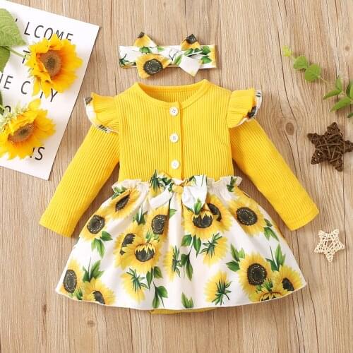 3M-2T 3Pcs Newborn Romper Dress Baby Girl Dresses Sunflower Print Autumn Baby Girl Clothing Toddler Girl Outfit Baby Dresses