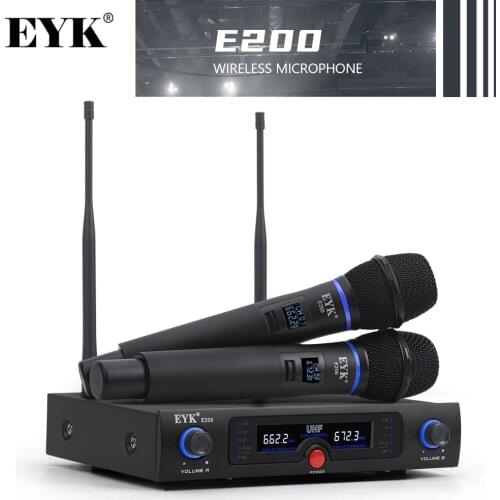 EYK E200 UHF Long Range Dual Channel Wireless Microphone System Whole Metal Handheld Mic with New Light Design for Karaoke KTV