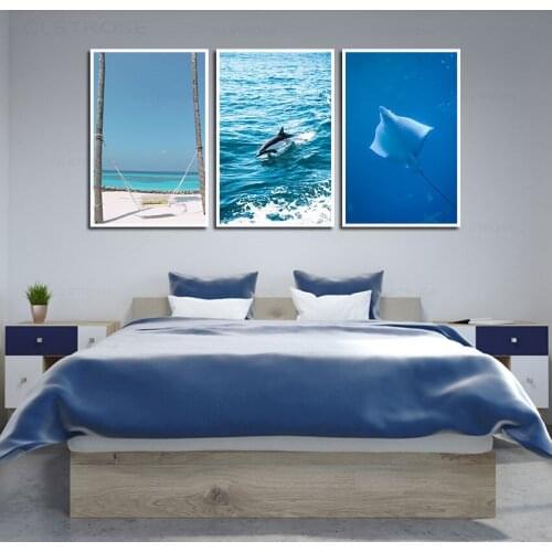 Blue Sea Dolphin Nordic Posters and Prints Seascape Canvas Painting Mdoualr Wall Art Pictures for Liivng Room Home Decoration