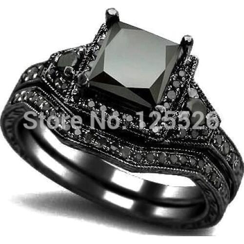 Choucong Wieck Vintage Jewelry Black AAA CZ Simulated stones 10KT Black Gold Filled 2 Wedding band Ring Set Sz 5-11 Gift