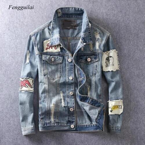 American Street Wear Fashion Men Jacket Blue Color Retro Washed Patchwork Hip Hop Jacket Men Destroyed Ripped Denim Jacket Hombr