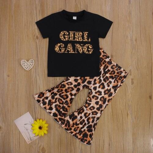 Summer Infant Casual Baby Girl 2 Pcs Set Letter Print Short Sleeve Round Neck T-shirt + Leopard Flared Pants Outfits