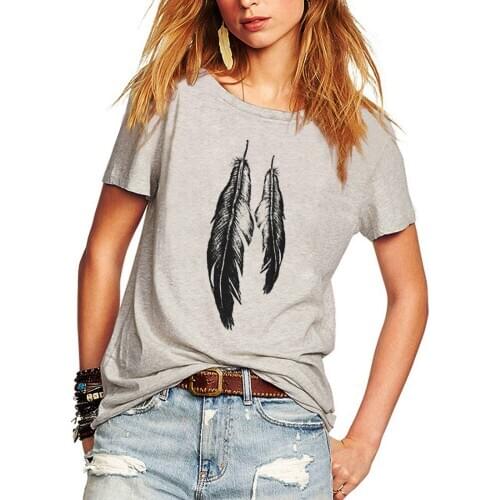 Summer feather print gray Tshirt short sleeve O-neck Casual Loose tees ladies fashion Off Shoulder Women T Shirt Feminina
