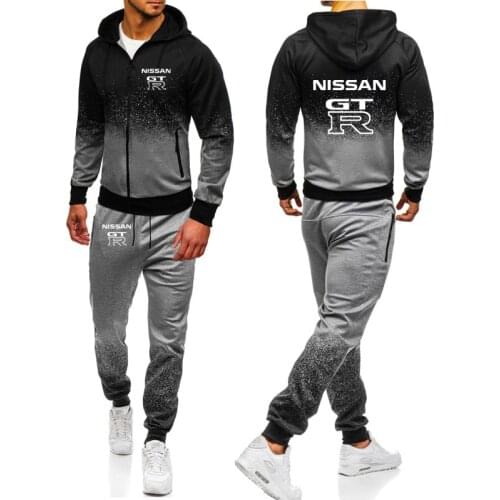 Spring Autumn new Mens Hoodie GTR Car Logo Printed high quality cotton Gradient Mens sweatshirt + sweatpants 2-piece suit