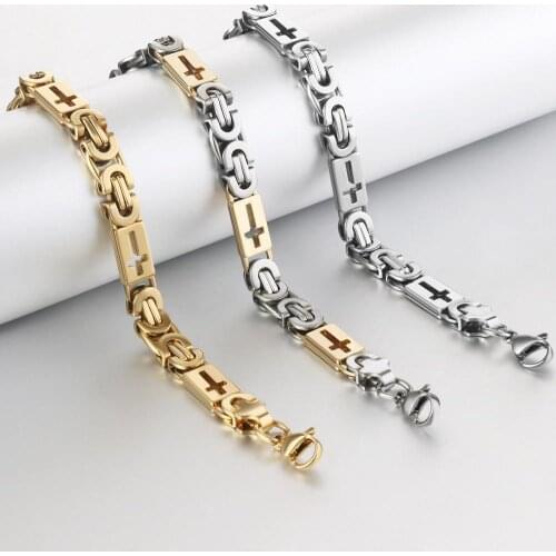 8MM Men Cross Chain Bracelet Stainless Steel Byzantine Link Chains Bangle Bracelets for Male Hip Hop Trendy Wrist Jewelry Gift