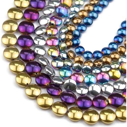 Natural Stone Gold Blue Flat Round Coin Hematite Beads 6/8/10mm Spacers Loose For Jewelry Making DIY Bracelets Accessories 15"