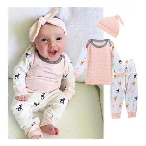 2020 new style Newborn clothes Baby Girl clothes Deer Printing Long sleeve T shirt+pants+hat 3pcs Outfits baby girl clothing set