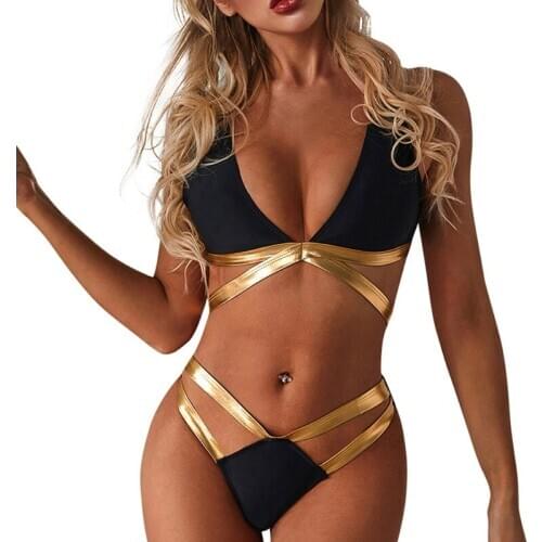 2020 New Ladies Split Swimsuit Gold Bar Stitching Sexy Straps Hollow Out Bikini Set