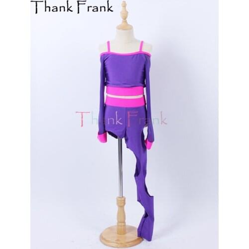 New Cool Jazz Costume Girls Women One Leg Modern Contemporary Dance Costumes Kids Adult 2 Pieces Set Purple Stage Dancewear C719