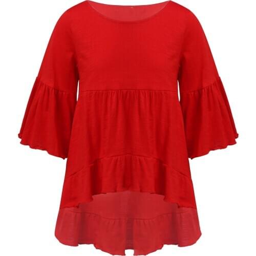 Oyolan New Girl T Shirt Kids Girls Fashion Cotton Flared Long Sleeve Ruffle Hem Dress Top Princess Tops Children Summer Clothing