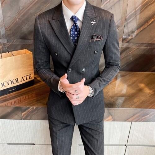 Jackets+Vest+Pants) 2021 Men double-breasted A three-piece suit/Male slim cotton stripe Blazers Grooms Wedding Dress S-5XL