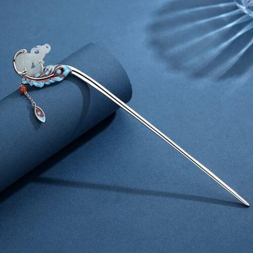 Original designer handicraft cloisonne natural Hetian white magnolia feather hairpin Chinese ethnic style ladies silver jewelry