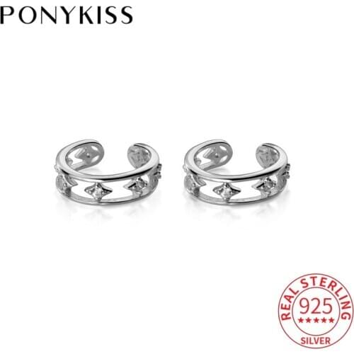 PONYKISS Cute S925 Sterling Silver Double Layer Hollow Stars Zircon Clip Earrings Women Party Delicate Elegant Accessory Gift