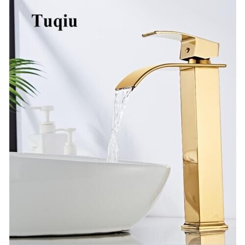 Tuqiu Basin Faucet Gold Waterfall Faucet Brass Bathroom Faucet Bathroom Basin Faucet Mixer Tap Hot and Cold Sink faucet
