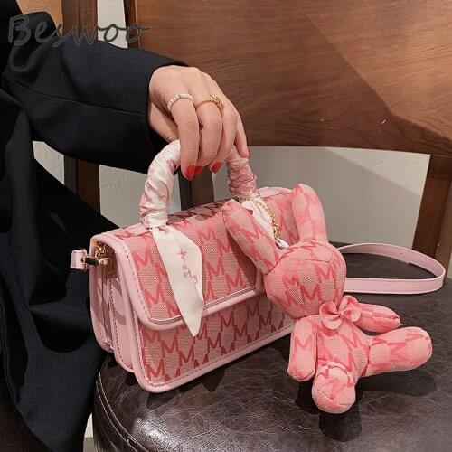 Fashion Trend Womens Luxury Bags 2021 Cute Rabbit Pendant Shoulder Bag Letter Plaid Female Bag for Gift Canvas Square Handbags