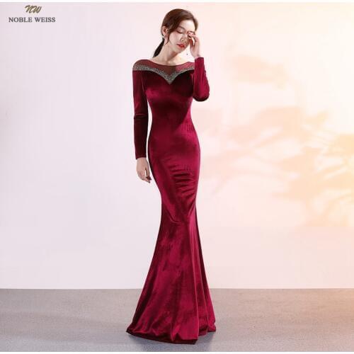 Prom dresses 2019 dark red mermaid crystal prom dress sexy vestidos de gala floor-length prom gown with long sleeves