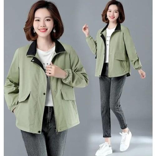 Trench Coat Female Short Jacket Lining Zipper Spring Korean Thin Stand Collar Splicing Coat Woman Autumn Plus Size Green 308a